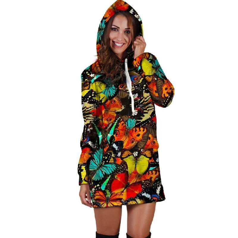Abstract Colorful Butterfly Print Hoodie Dress Hoodie with Tied Waist Feminine Flattering Abstract Colorful Butterfly Print Hoodie Dress Hoodie with Tied Waist Feminine Flattering