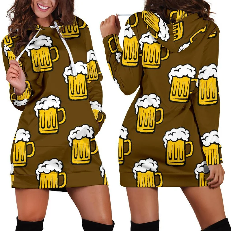 Beer Print Pattern Women Hoodie Dress Hoodie with Raw Hem Edgy Unfinished