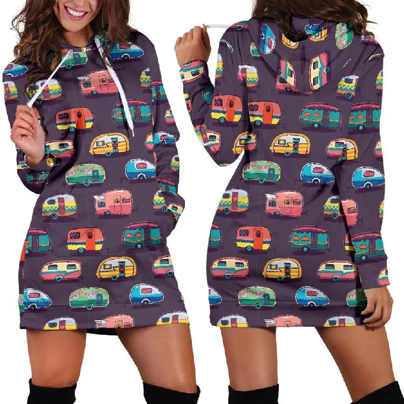 Camper Van Pattern Print Women Hoodie Dress Hoodie with Patch Decorative Personalized