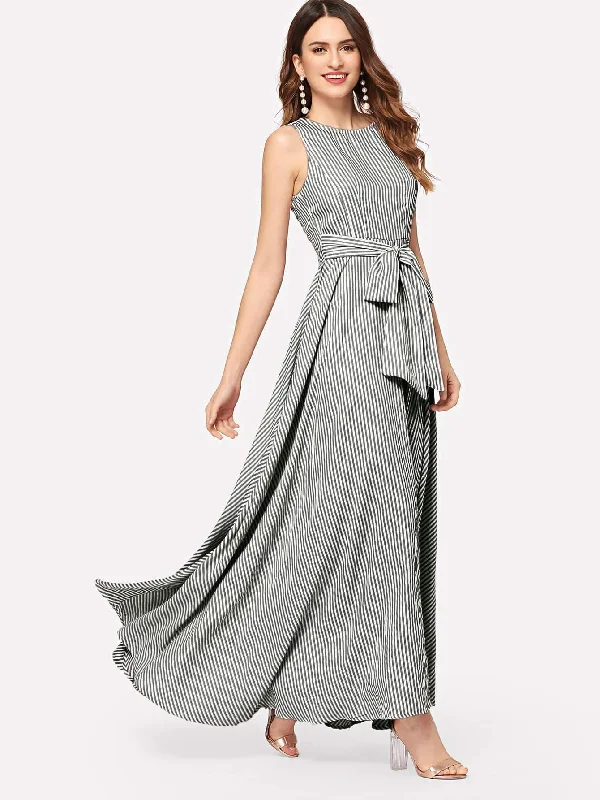 Striped Bow Tie Waist Maxi Dress Tunics Luxurious high-end