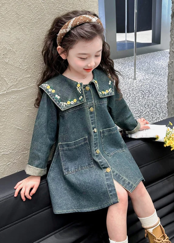 Boutique Denim Blue Peter Pan Collar Patchwork Pockets Kids Maxi Dresses Spring TV034 Turtleneck Neckline Stylish Boutique Denim Blue Peter Pan Collar Patchwork Pockets Kids Maxi Dresses Spring TV034 Turtleneck Neckline Stylish