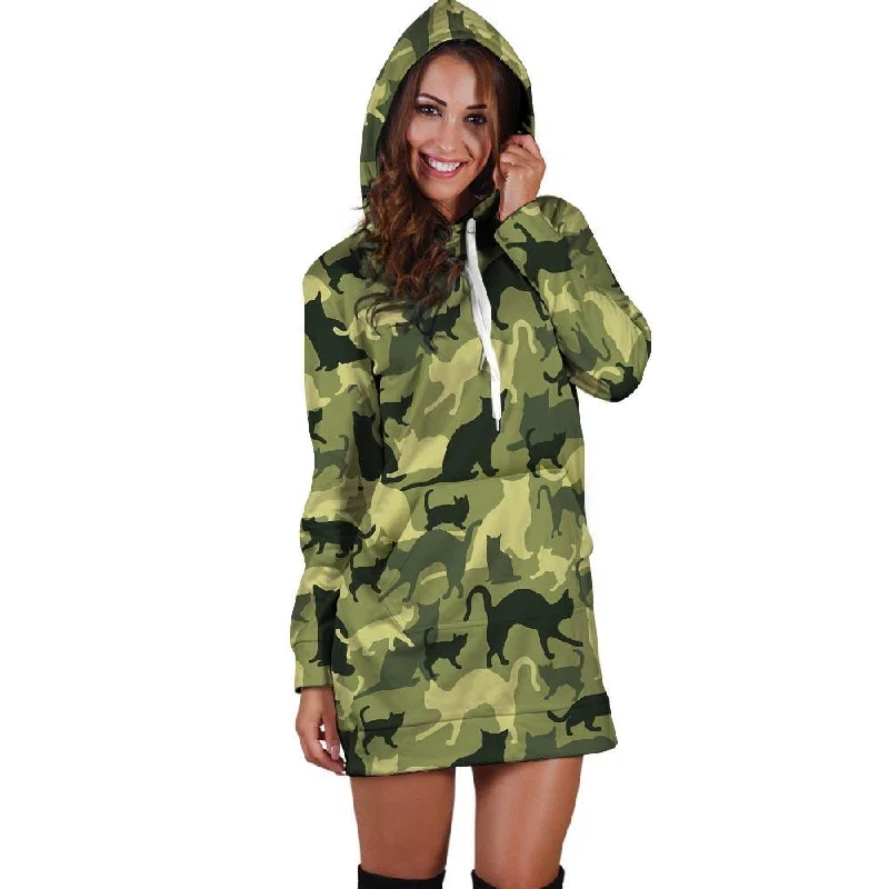 Cat Camouflage Print Hoodie Dress Hoodie with Hem Ribbing Snug Secure