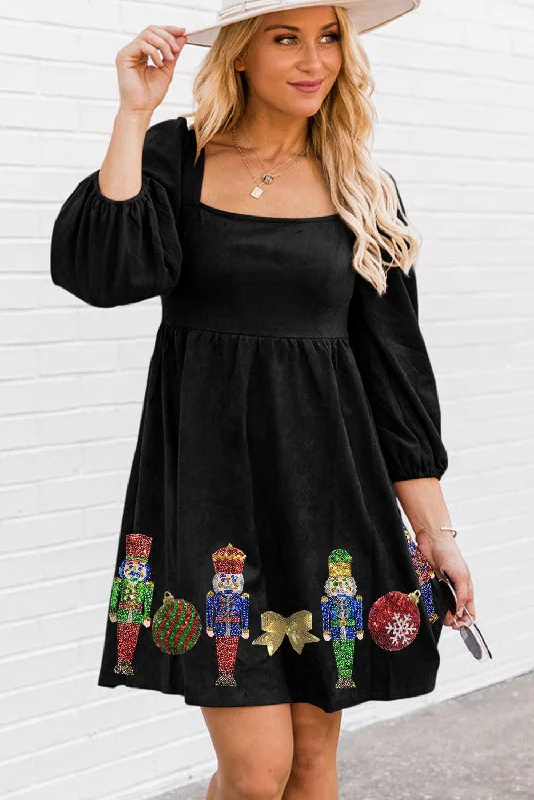 Black Christmas Nutcracker Mini Dress Stylish Ribbed Mini Dress