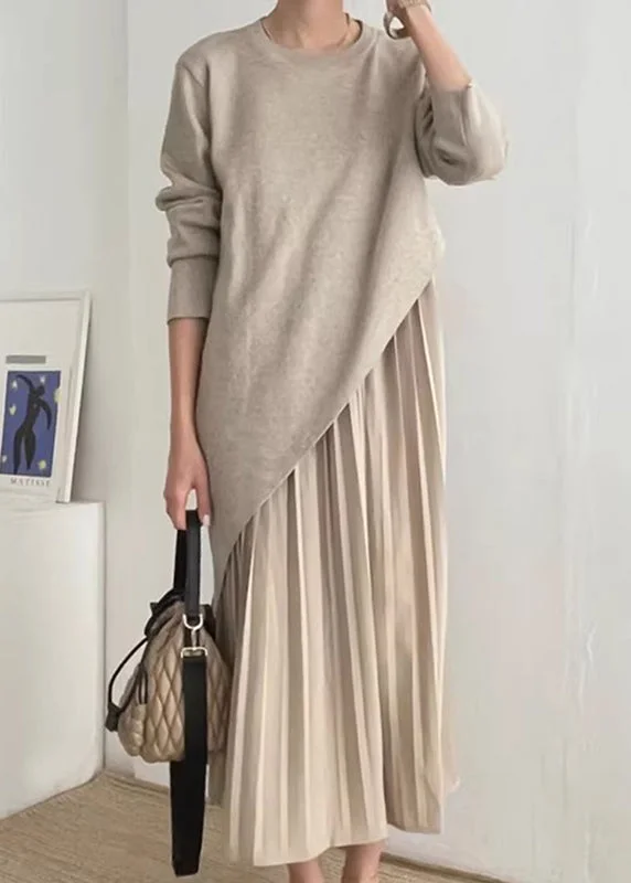 Beautiful Khaki Asymmetrical Wrinkled Knit Dress Two Piece Set Spring TZ021 Tunics Sophisticated sleek Beautiful Khaki Asymmetrical Wrinkled Knit Dress Two Piece Set Spring TZ021 Tunics Sophisticated sleek