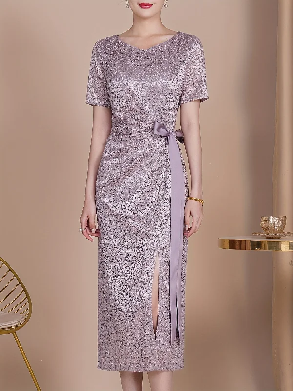 Vibrant Lace Sequin V-Neck Short-Sleeved Party Dress Gowns for Women - Elegant Bows, Slit Design, Flattering Fit, Perfect for Formal Events, Weddings, and Parties - High-Quality Fabric, Comfortable Wear Turtleneck Neckline Stylish Vibrant Lace Sequin V-Neck Short-Sleeved Party Dress Gowns for Women - Elegant Bows, Slit Design, Flattering Fit, Perfect for Formal Events, Weddings, and Parties - High-Quality Fabric, Comfortable Wear Turtleneck Neckline Stylish