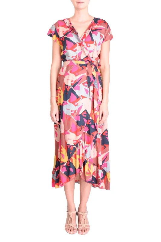 PM Long Wrap Dress With Frill  Rose Fonce Cowl Neckline Elegant