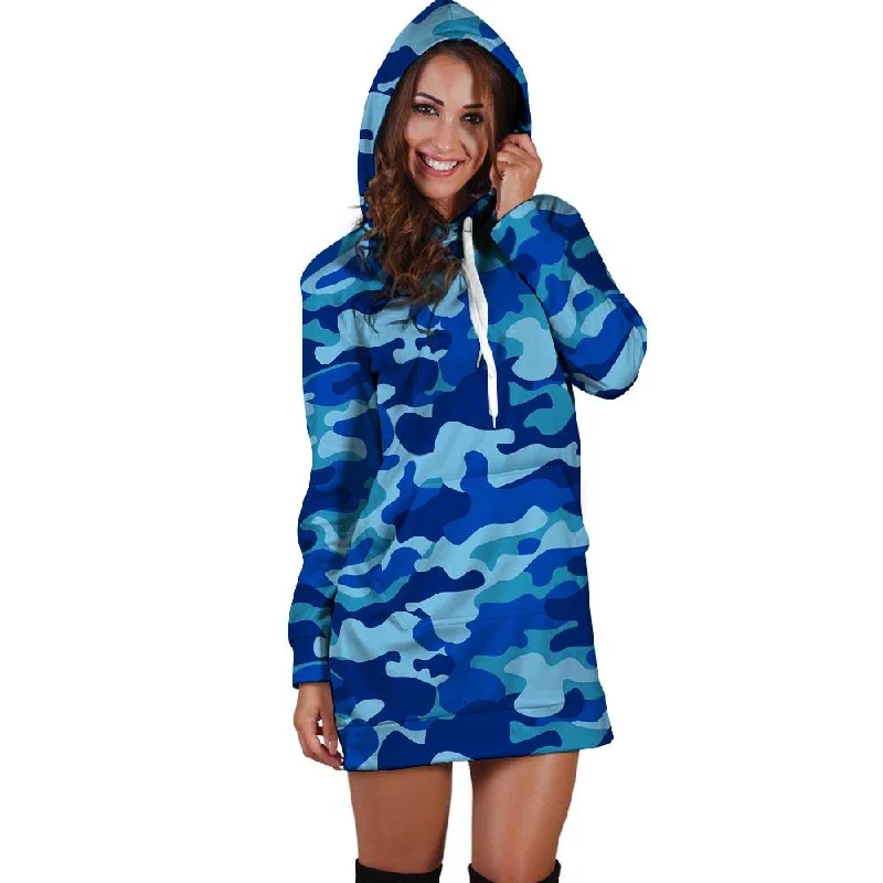 Blue Camo Print Hoodie Dress Hoodie with Elastic Cuffs Stretchable Comfortable
