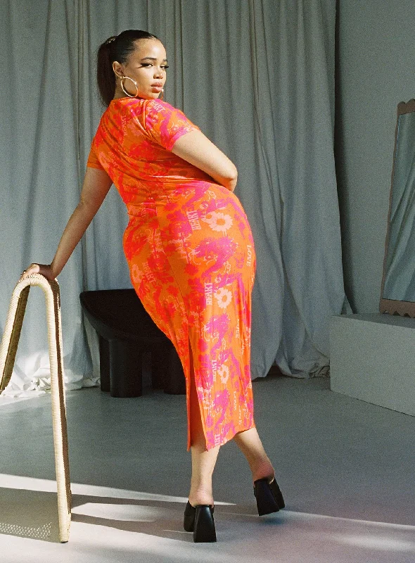 Stella Midi Dress Orange Multi Curve Bodycon Club Sequined