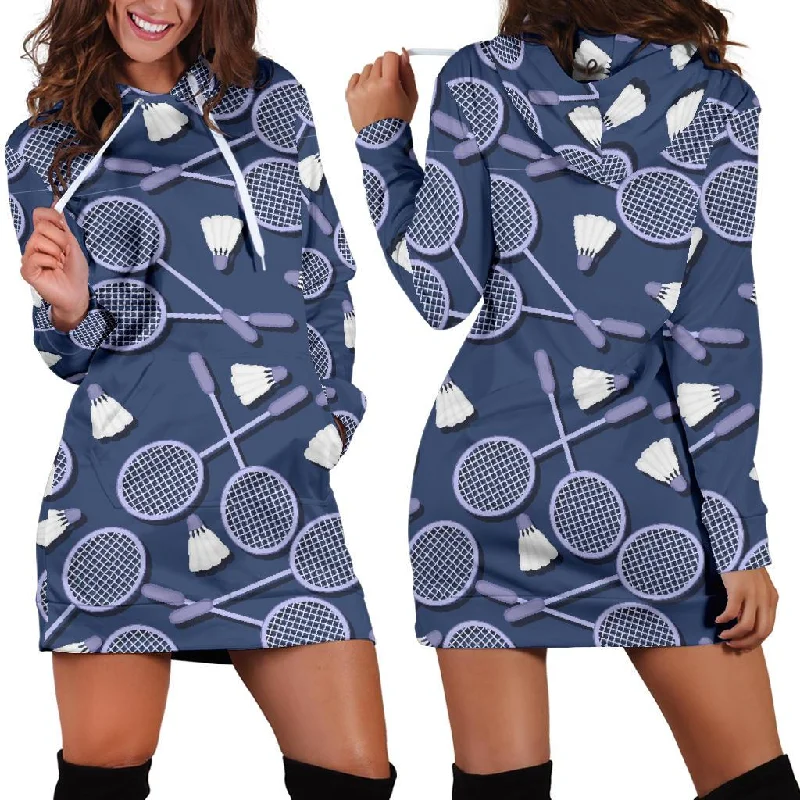 Badminton Pattern Print Women Hoodie Dress Hoodie with Rolled Sleeves Casual Relaxed Badminton Pattern Print Women Hoodie Dress Hoodie with Rolled Sleeves Casual Relaxed