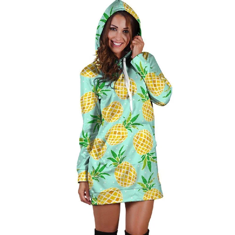 Blue Pineapple Print Hoodie Dress Hoodie with Distressed Vintage Worn