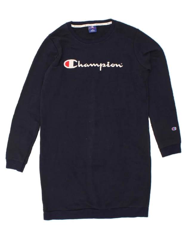CHAMPION Womens Graphic Sweatshirt Jumper Dress UK 10 Small Navy Blue Hoodie with Velcro Closure Adjustable Secure CHAMPION Womens Graphic Sweatshirt Jumper Dress UK 10 Small Navy Blue Hoodie with Velcro Closure Adjustable Secure