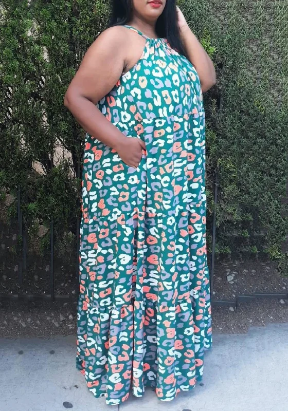 Hi Curvy Plus Size Women Print Halter Neck Flare Maxi Dress Tunics Print Colorful