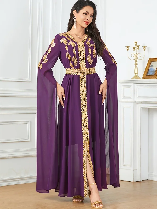 Luxurious Embroidered V-Neck Kaftan Maxi Dress - Elegant Tied Waist, Flowy Cape Sleeves, Comfortable Women's Clothing for Special Occasions - Perfect for Formal Events, Weddings, and Parties Tunics Travel practical Luxurious Embroidered V-Neck Kaftan Maxi Dress - Elegant Tied Waist, Flowy Cape Sleeves, Comfortable Women's Clothing for Special Occasions - Perfect for Formal Events, Weddings, and Parties Tunics Travel practical