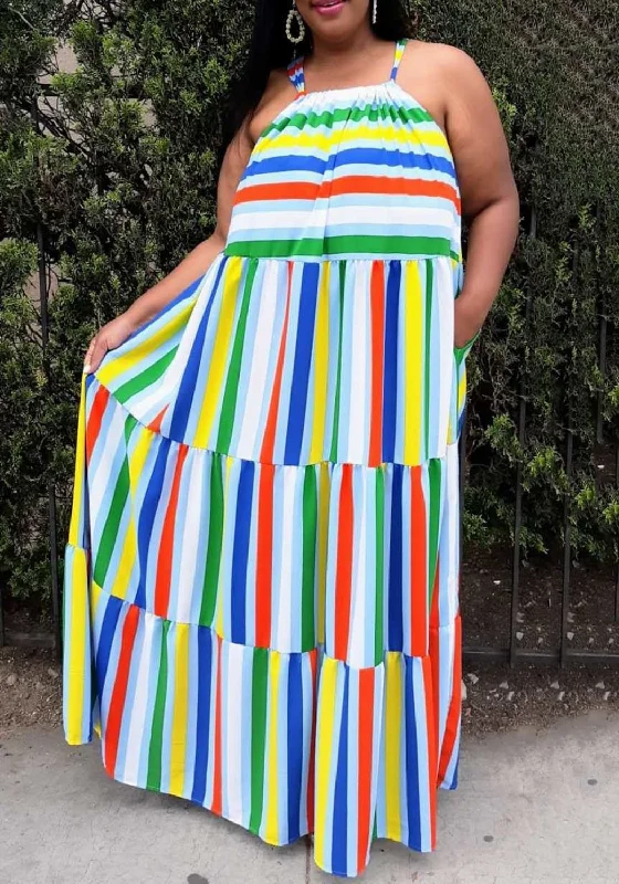 HI CURVY Plus Size Multi Stripe Halter Neck Flare Maxi Dress Tunics stripes playful