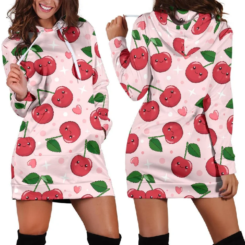 Cherry Print Pattern Women Hoodie Dress Hoodie with Hem Ribbing Snug Secure