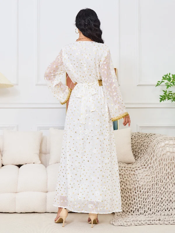 Stunning Floral V Neck Pendulum Maxi Dress - Elegant Long Sleeve, Belted, Woven Polyester Fabric, All-Season, Middle East Style - Perfect for Womens Formal Occasions Tunics Bestseller popular