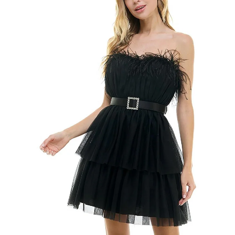 Juniors Womens Smocked Feathered Fit & Flare Dress Tunics Sophisticated sleek