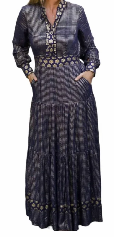 Annabelle Long Sleeve Maxi Dress In Navy Blue/gold Off-the-shoulder Chic Trendy