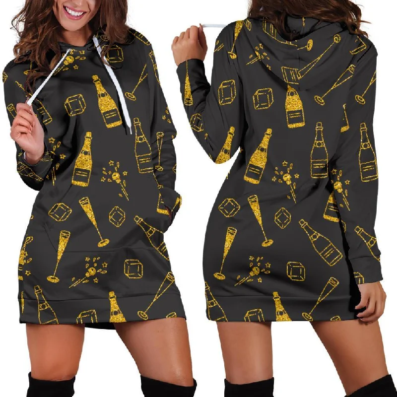 Champagne Gold Glitter Pattern Print Women Hoodie Dress Zip Hoodie Drawstring Kangaroo Pocket Champagne Gold Glitter Pattern Print Women Hoodie Dress Zip Hoodie Drawstring Kangaroo Pocket