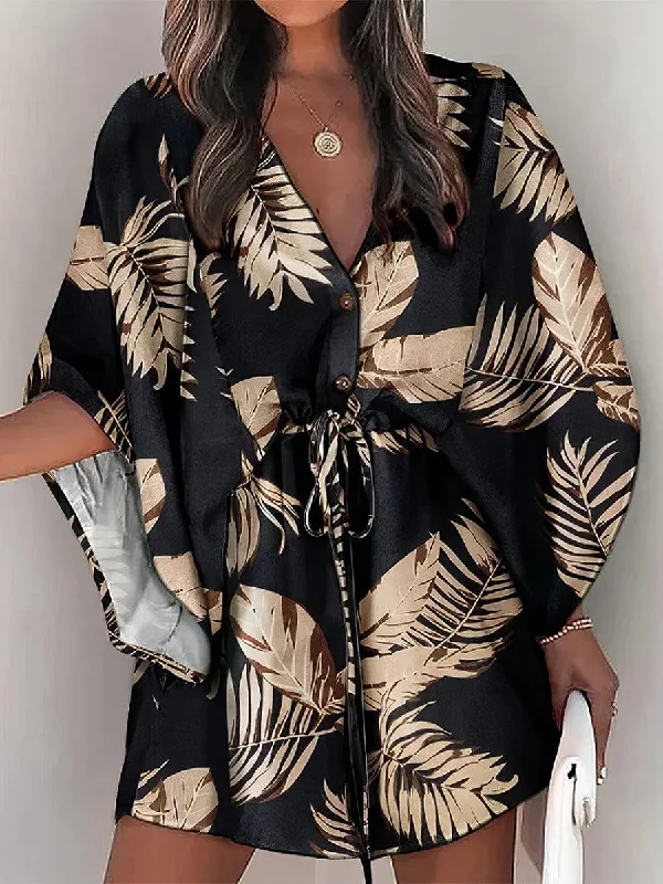 Casual V-Neck Mini Dress with Drawstring Waist Comfortable One-Shoulder Mini Dress