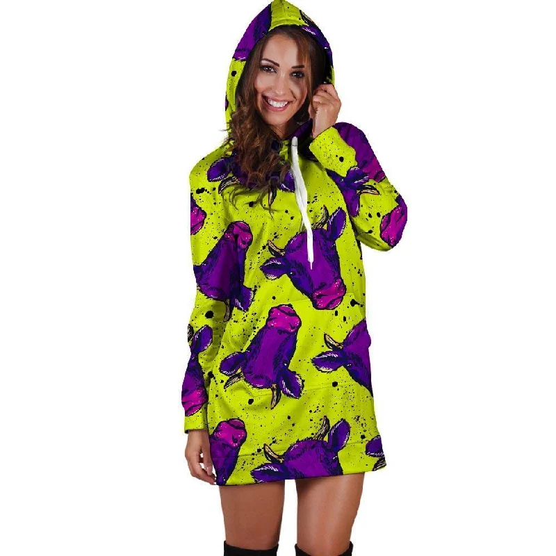 Abstract Neon Cow Print Hoodie Dress Hoodie with Rolled Sleeves Casual Relaxed