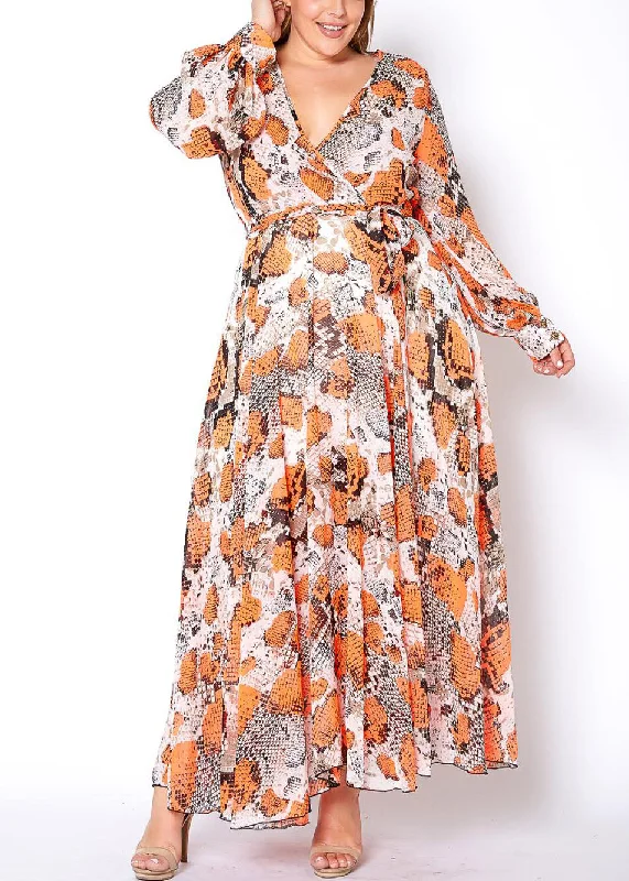 Hi Curvy Plus Size Women Orange Snakeskin Chiffon Maxi Dress Tunics Custom made