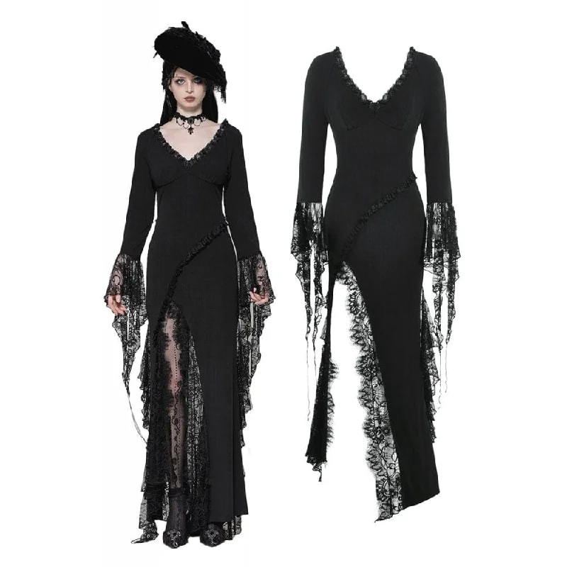 Women's Gothic Plunging Lace Splice Split Dress Tunics Versatile functional