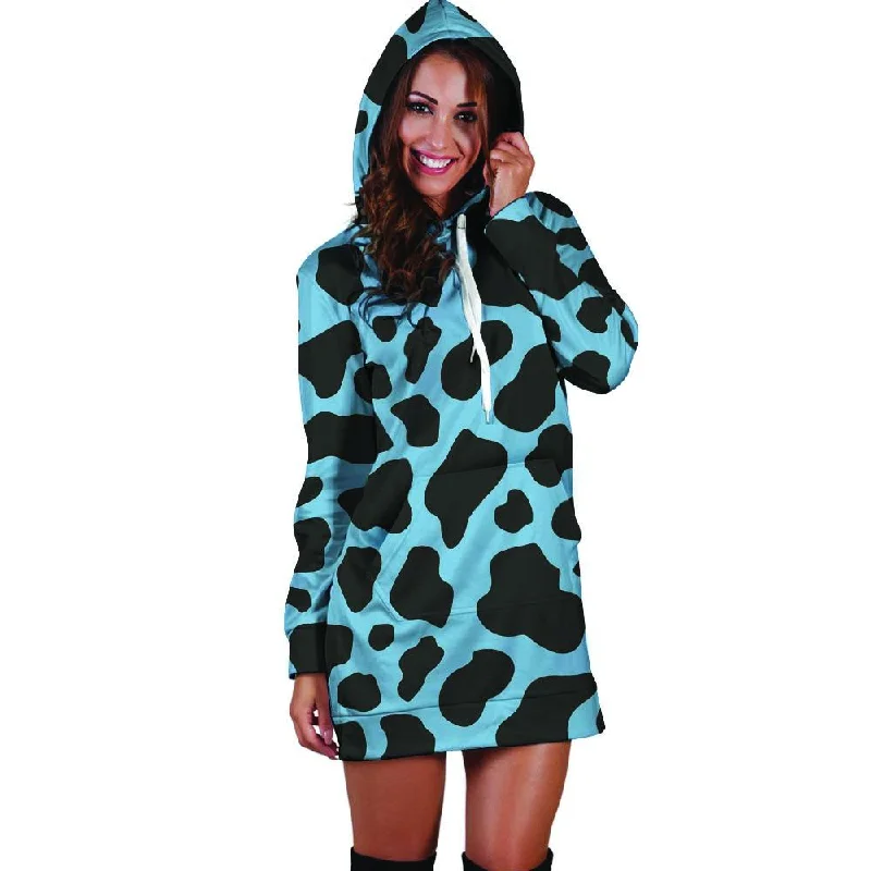 Black And Blue Cow Print Hoodie Dress Hoodie with Ribbed Cuffs Snug Fit Comfort