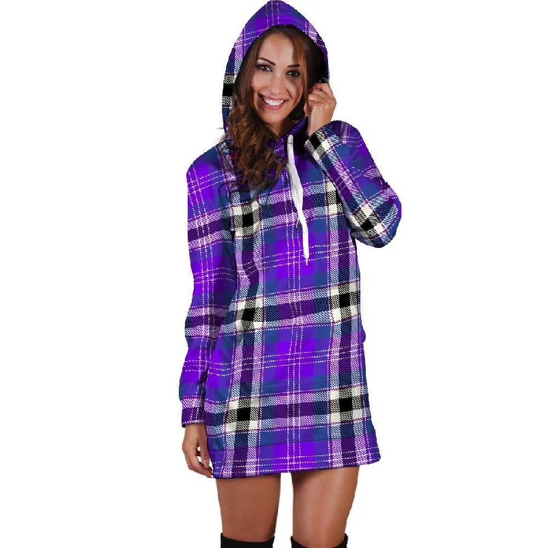 Black Purple Plaid Tartan Hoodie Dress Hoodie with Slit Hem Functional Movement