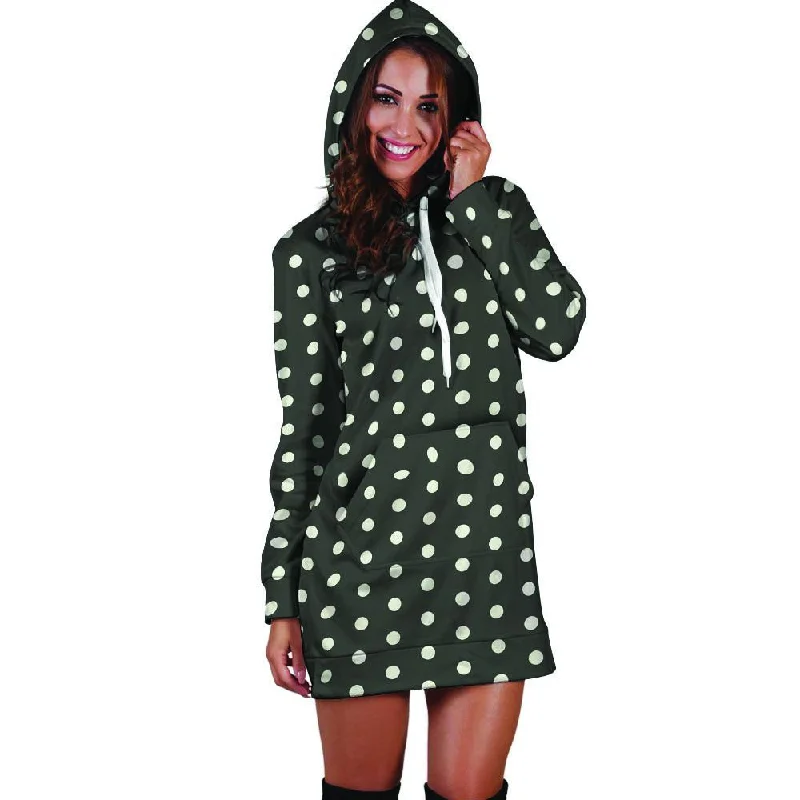 Black Tiny Polka Dot Hoodie Dress Hoodie with Toggle Buttons Decorative Unique