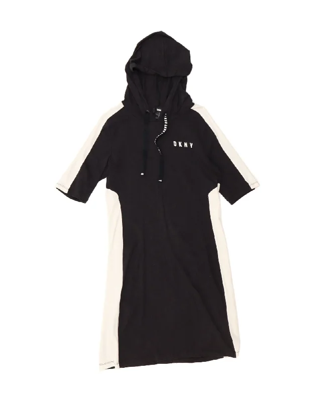 DKNY Womens Short Sleeve Hoodie Dress UK 10 Small Black Colourblock Hoodie with Applique Textured Unique DKNY Womens Short Sleeve Hoodie Dress UK 10 Small Black Colourblock Hoodie with Applique Textured Unique