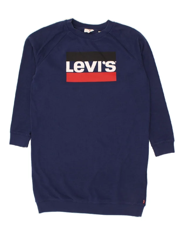 LEVI'S Womens Graphic Sweatshirt Jumper Dress UK 6 XS Navy Blue Cotton Hoodie with Hem Lace Feminine Delicate