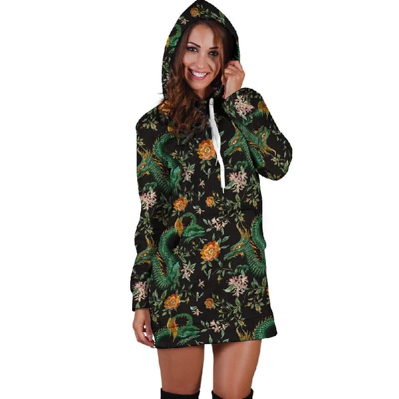 Chinese Green Dragon Print Hoodie Dress Hoodie with Tied Waist Feminine Flattering