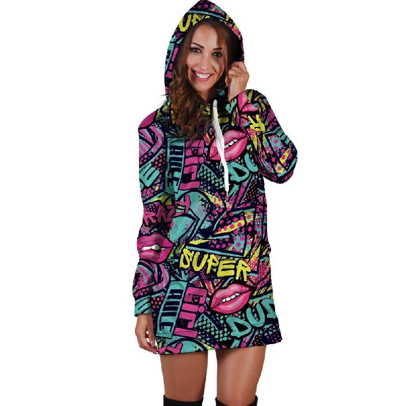 Abstract Graffiti Hiphop Lip Hoodie Dress Hoodie with Double Zipper Versatile Adjustable