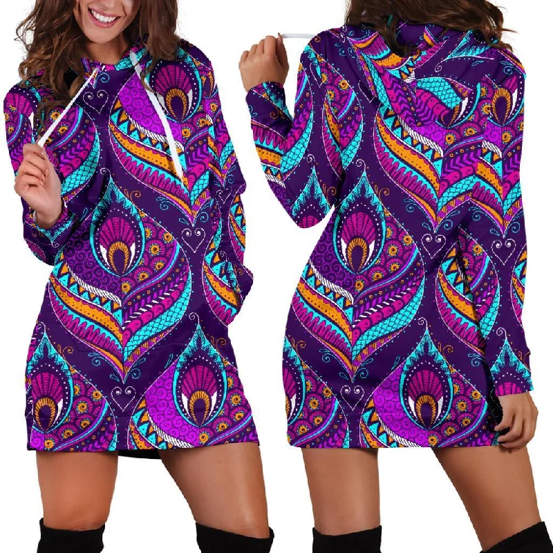 Bohemian Purple Pattern Print Women Hoodie Dress Hoodie with Sequins Glamorous Eye-catching Bohemian Purple Pattern Print Women Hoodie Dress Hoodie with Sequins Glamorous Eye-catching