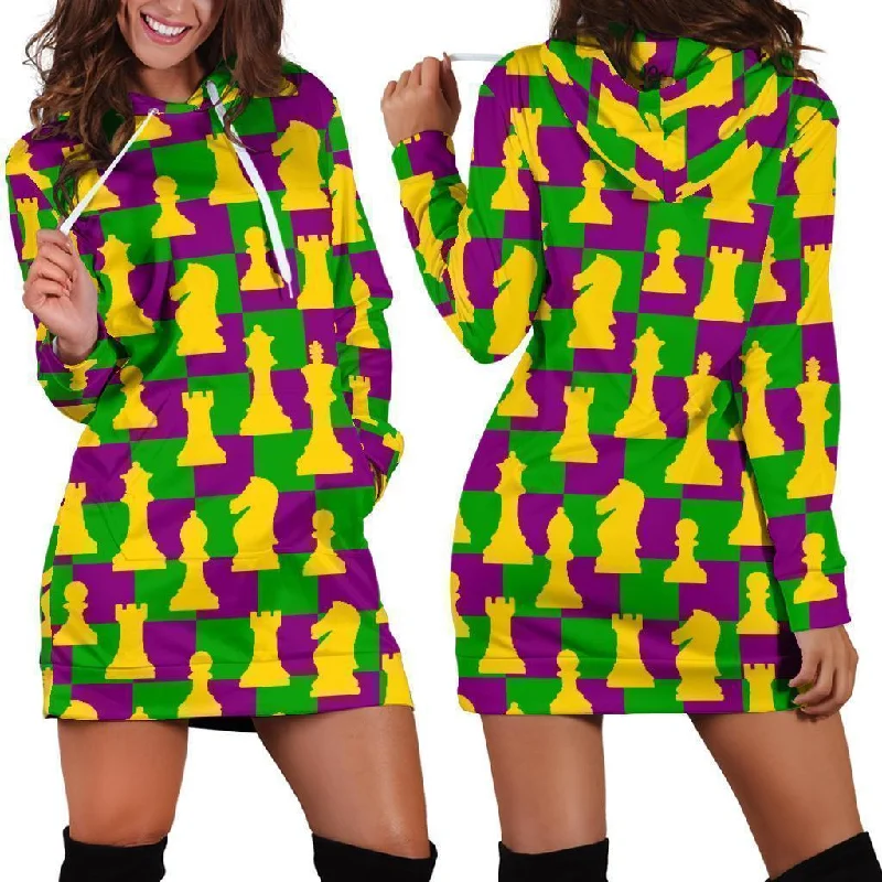 Chess Color Pattern Print Women Hoodie Dress Hoodie with Back Slit Movement Comfort