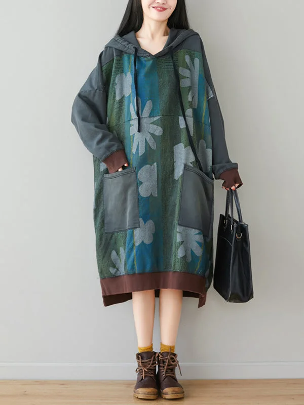 Casual Loose Sweatshirt Dress with Print Hoodie with Bell Sleeves Flared Feminine