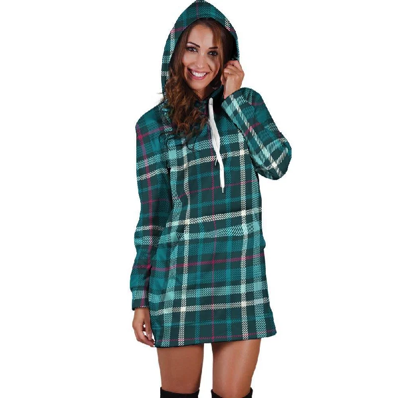 Blue Aqua Plaid Tartan Hoodie Dress Hoodie with Button Placket Classic Preppy