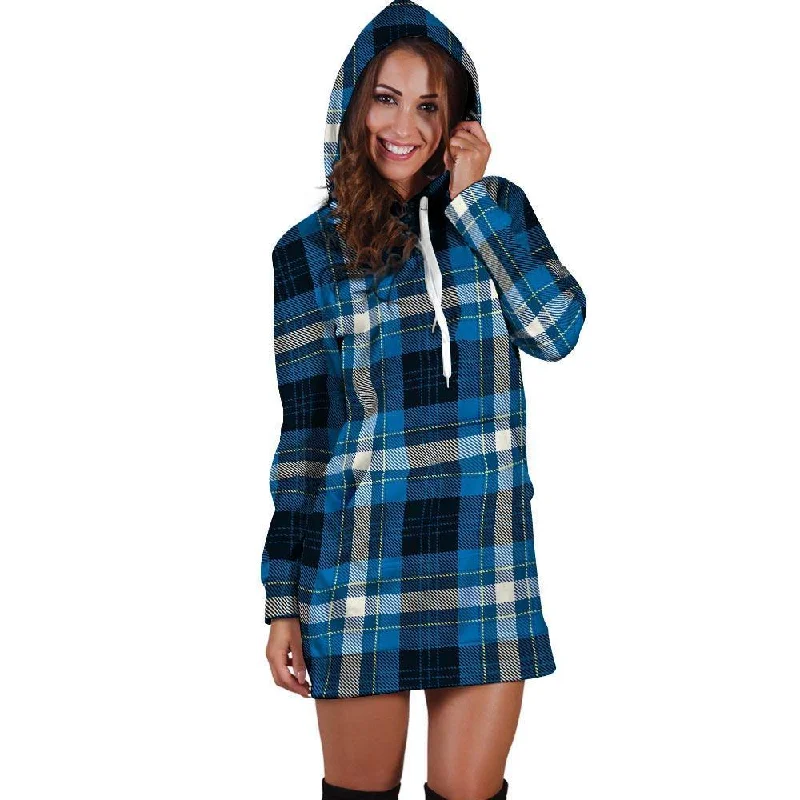 Blue Plaid Tartan Scottish Hoodie Dress Hoodie with Neon Bright Vibrant