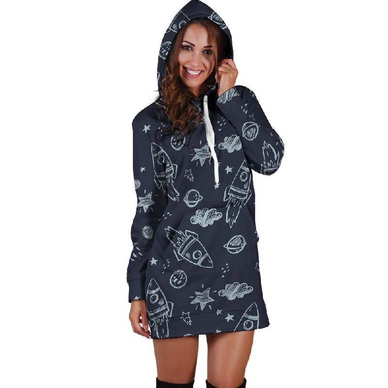 Cartoon Galaxy Space Hoodie Dress Hoodie with Hem Fringe Bohemian Relaxed