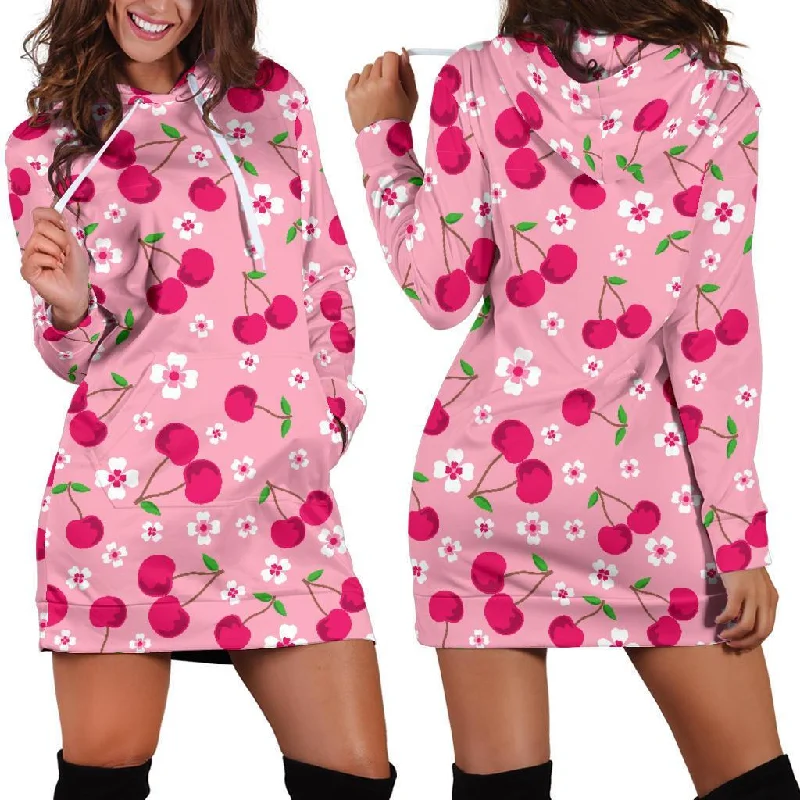 Cherry Floral Pattern Print Women Hoodie Dress Hoodie with Hem Embroidery Detailed Premium Cherry Floral Pattern Print Women Hoodie Dress Hoodie with Hem Embroidery Detailed Premium