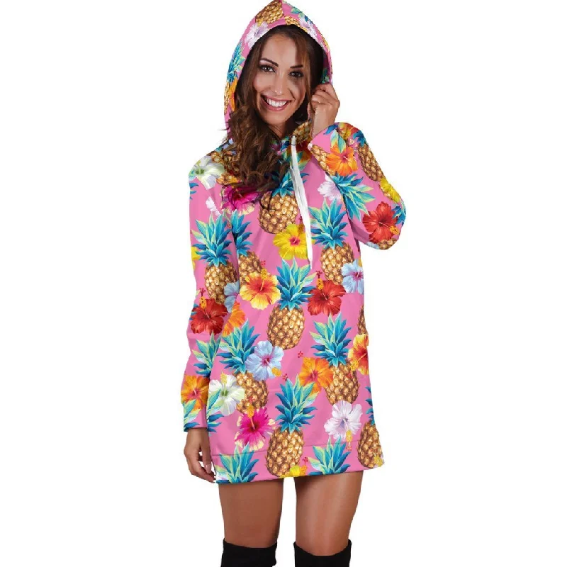 Women Pink Hibiscus Pineapple Hawaiian Hoodie Dress Print Hoodie with Patch Decorative Personalized Women Pink Hibiscus Pineapple Hawaiian Hoodie Dress Print Hoodie with Patch Decorative Personalized