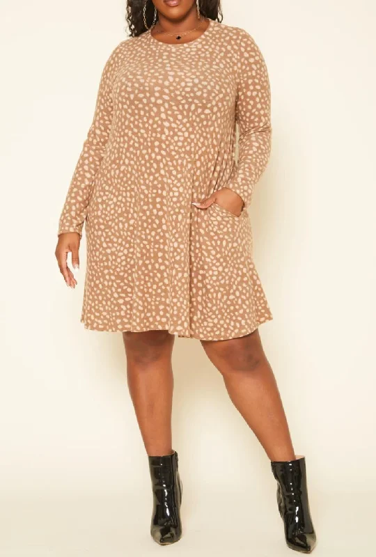 HI Curvy Plus Size Women Spotted Long Sleeve Flare Mini Dress Cowl Neckline Elegant