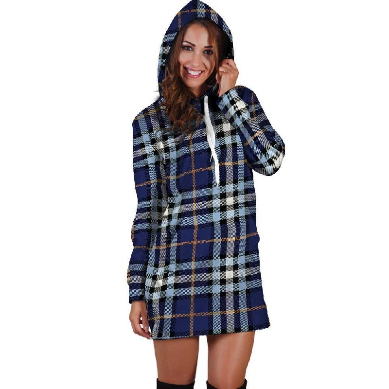 Blue Navy Plaid Tartan Hoodie Dress Hoodie with Longline Fit Extended Stylish