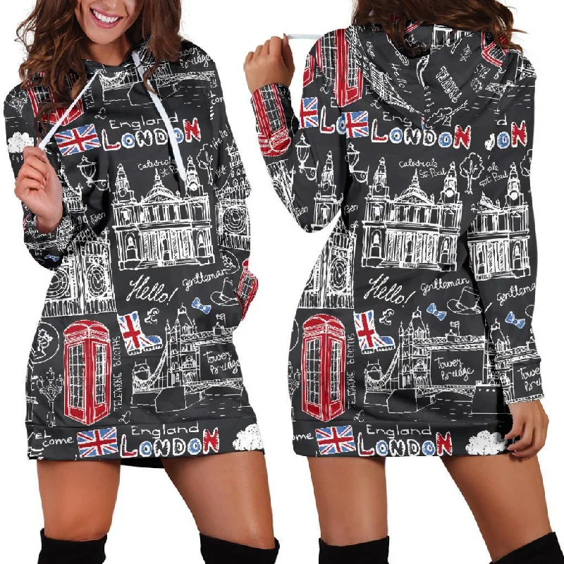 British Pattern Print Women Hoodie Dress Hoodie with Fur Luxurious Winter