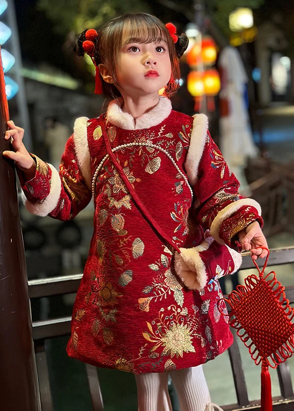 Fine Red Fur Collar Print Kids Long Dress Winter TR008 sweetheart Neckline Romantic