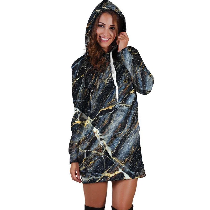 Black Gold Cracked Marble Hoodie Dress Hoodie with Hem Fringe Bohemian Relaxed