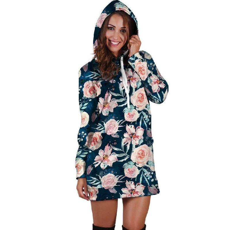 Watercolor Pink Rose Floral Hoodie Dress Hoodie with Crew Neck Simple Timeless
