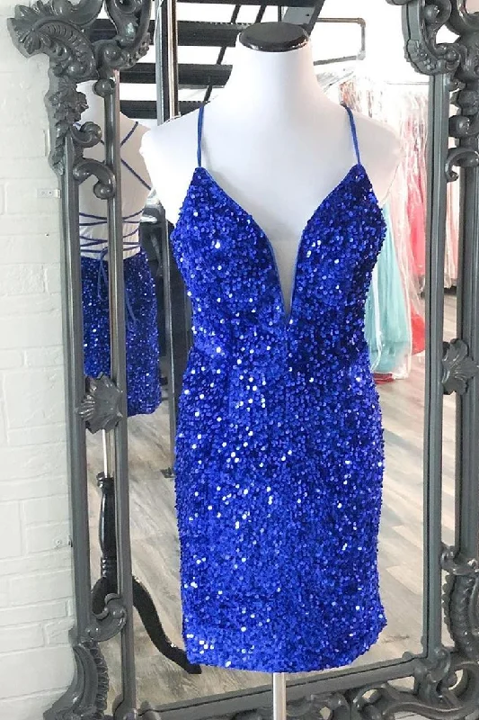 Sparkle Royal Blue Sequins Bodycon Mini Dress Fashionable Off-Shoulder Mini Dress
