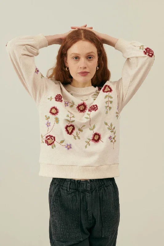 Sweatshirt Petra Flower-Embroidery Hoodie with Cuffed Sleeves Snug Secure